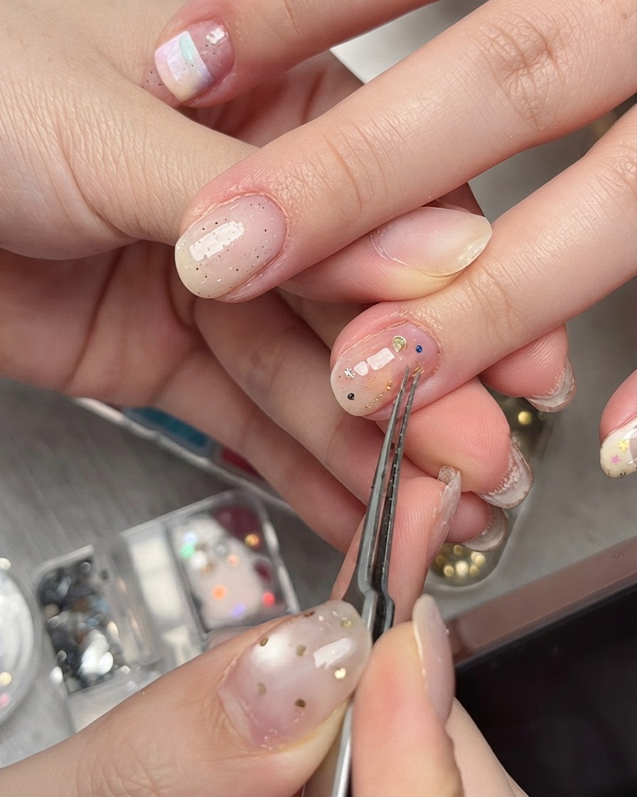 Eine Pinzette drückt ein Stern-Glitterstück sanft auf einen manikürten Nagel, um es flach zu sichern.