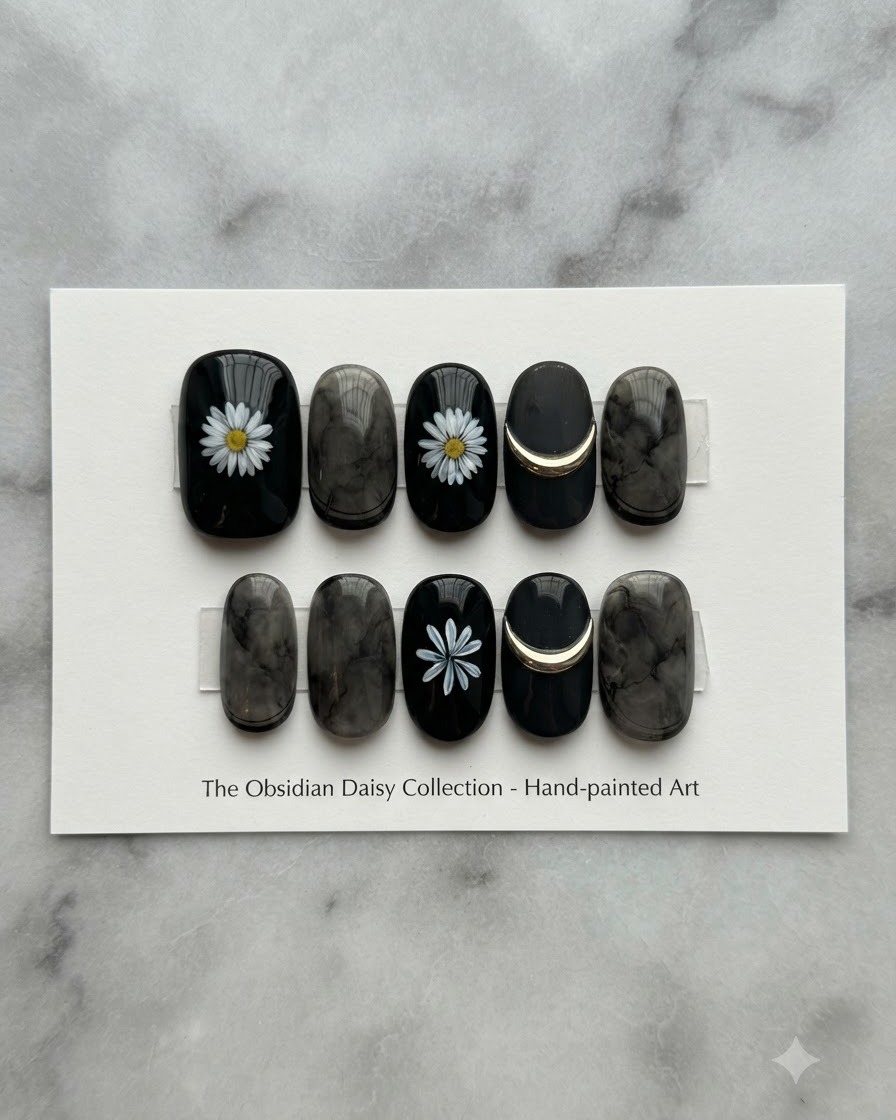 Eine Präsentationskarte von oben mit einer Sammlung von obsidianfarbenen und weißen Gänseblümchen-Nageldesigns.
