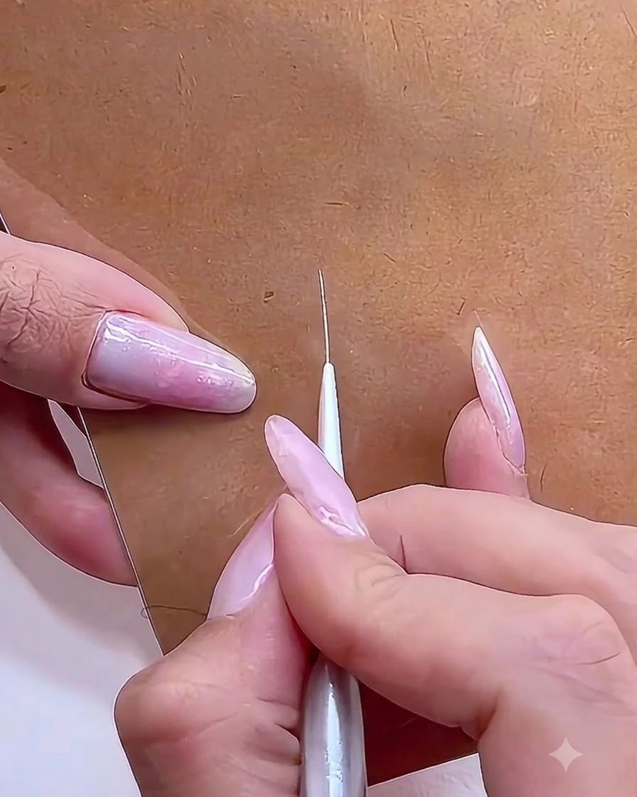 Eine Nahaufnahme eines Fine-Liner-Pinsels, der Referenz-Fadenkreuzmarkierungen auf einem braunen Bastelpapier erstellt.