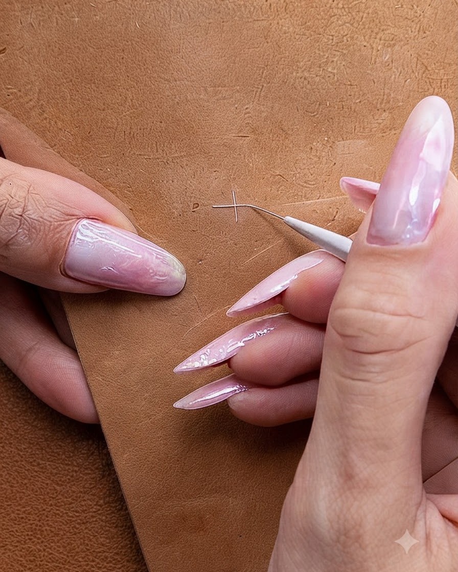 Eine Nahaufnahme eines Fine-Liner-Pinsels, der eine saubere Fadenkreuz-Hilfslinie auf einer braunen Oberfläche zeichnet.