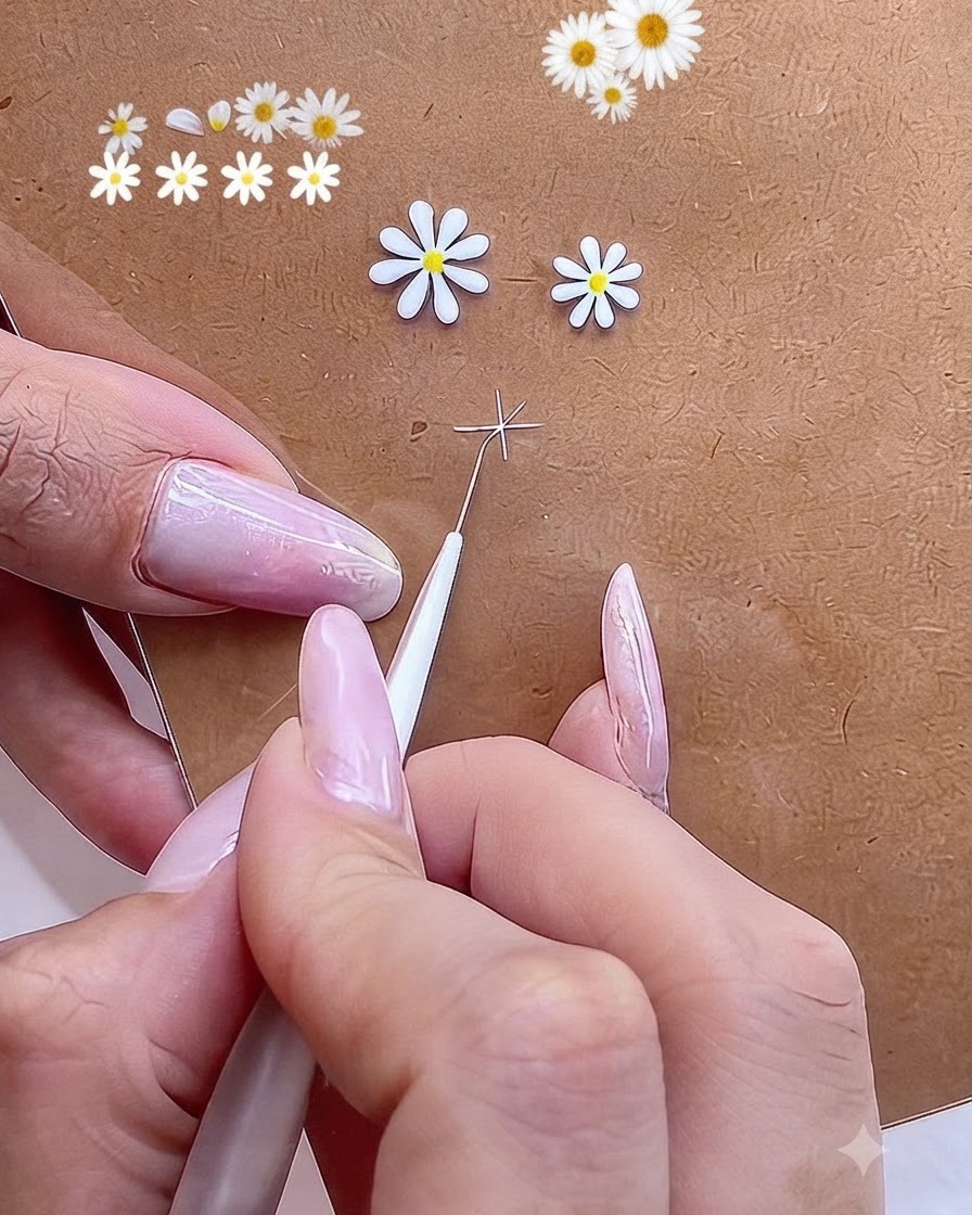 Eine Nahaufnahme eines Fine-Liner-Pinsels, der einen kleinen weißen Gelpunkt in der Mitte einer Fadenkreuz-Hilfslinie hinzufügt.