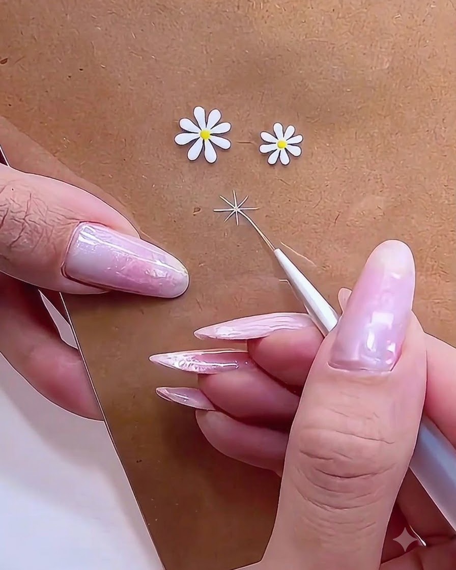 Eine Nahaufnahme eines Nagelpinsels, der einen einzelnen weißen Gel-Blütenblattstrich nach außen vom Mittelpunkt wegzieht.