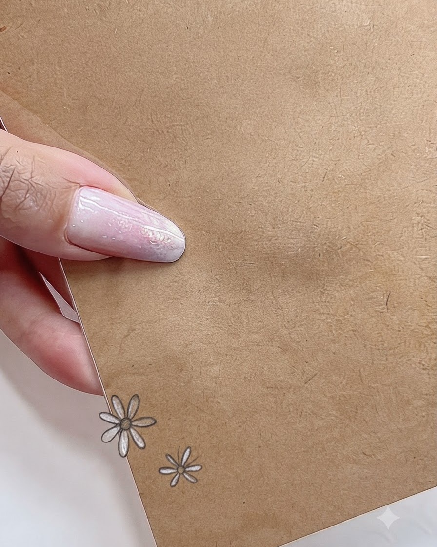 Eine Nahaufnahme eines Nail-Art-Designs, das zwei gemalte weiße Margeriten unterschiedlicher Größe auf einer neutralen Oberfläche zeigt.