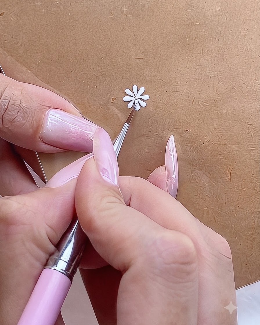 Eine tragbare Mini-UV-Taschenlampe, die ein auf einer Oberfläche aufgemaltes weißes Margeriten-Nail-Art-Design aushärtet.