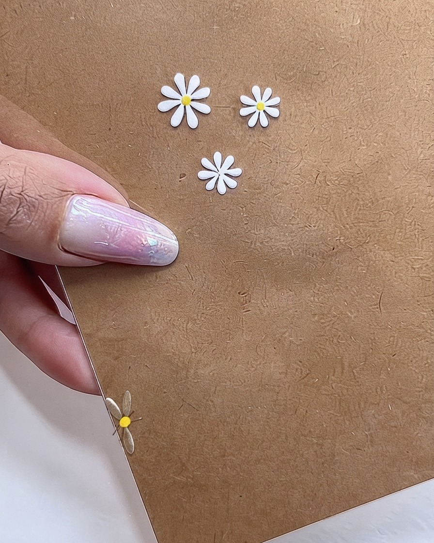 Ein Nageldesign mit mehreren fertigen weißen Margeriten mit leuchtend gelben Zentren, die mit einem Dotting-Tool erstellt wurden.