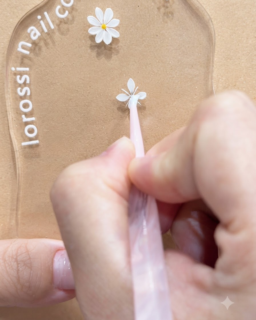 Eine Nahaufnahme eines Werkzeugs, das die Ränder weißer Gänseblümchen-Blütenblätter auf einer transparenten Nail-Art-Palette glättet.