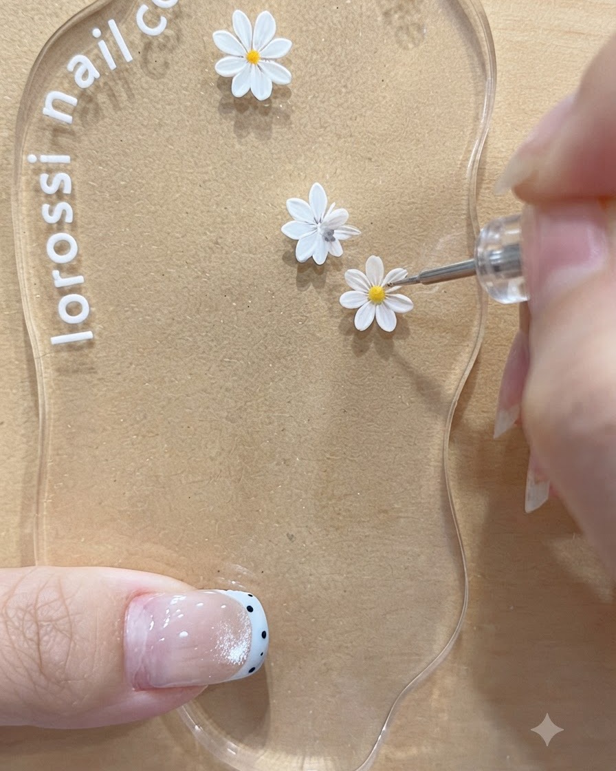 Ein Werkzeug trägt einen gelben Mittelpunkt auf das zweite weiße Gänseblümchen-Motiv auf einer Acryl-Nagelart-Palette auf.