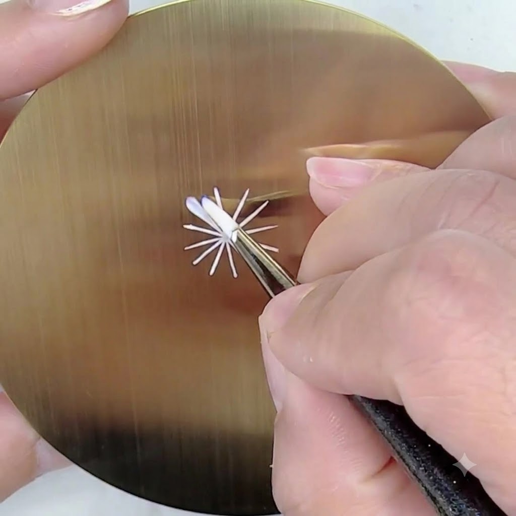 Ein feiner Pinsel malt ein weißes Blütenblatt mit einer Drück- und Hebetechnik auf einer goldenen Übungsfolie.