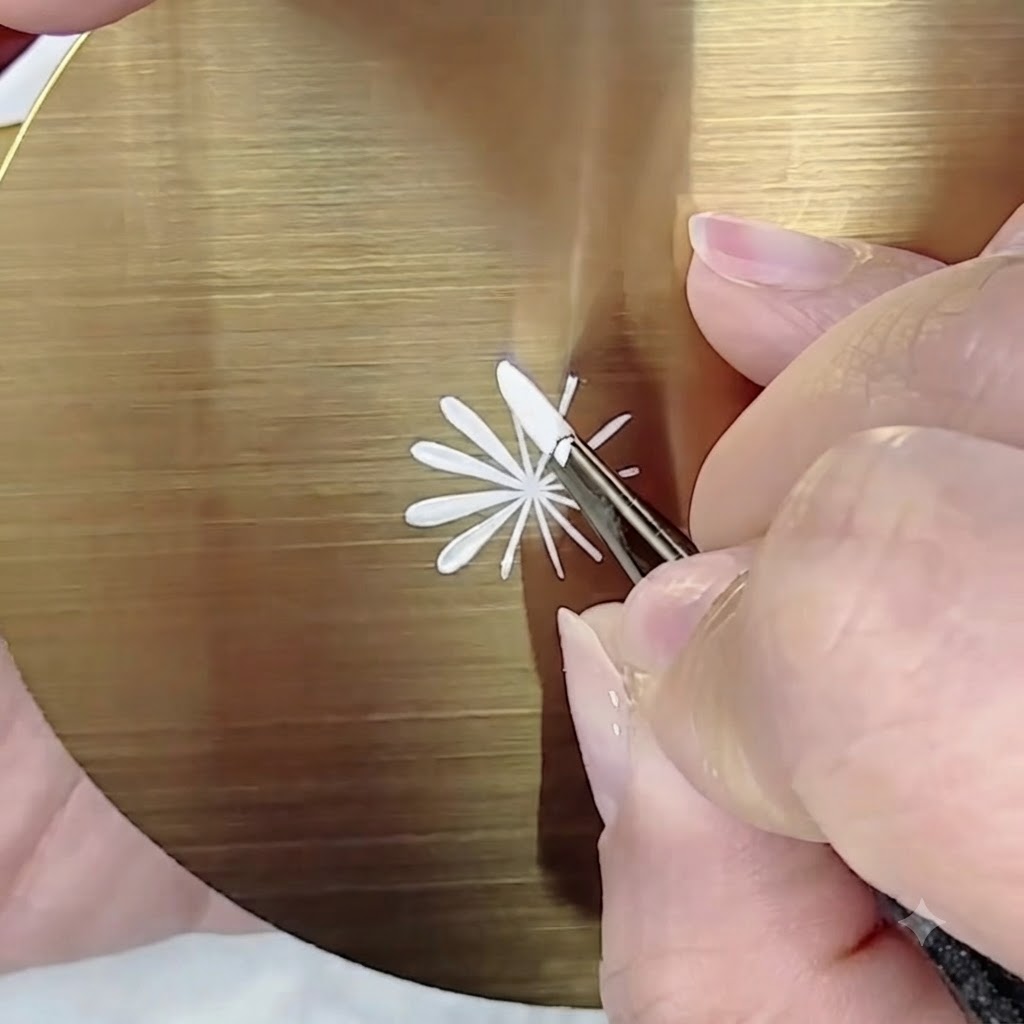 Ein feiner Pinsel malt die verbleibenden Blütenblätter der ersten Schicht in einem Kreis um das Zentrum auf einer goldenen Palette.