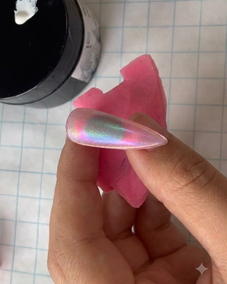 Eine Nahaufnahme eines feinen Nagelkunstpinsels, der weißes Gel vom Rand eines schwarzen Behälters aufnimmt.