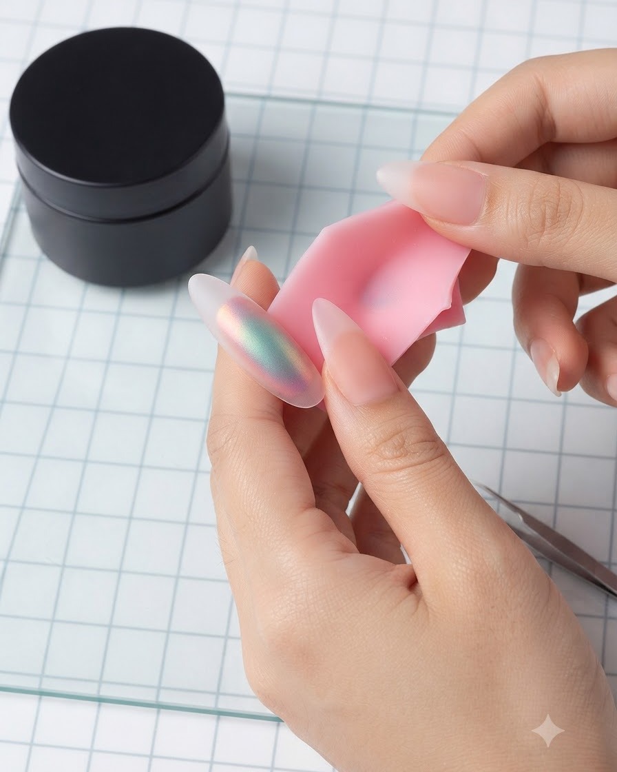 Ein Nagelpinsel, der einen matten Überzugslack über ein Nagelmodell mit Aurora-Finish verteilt.