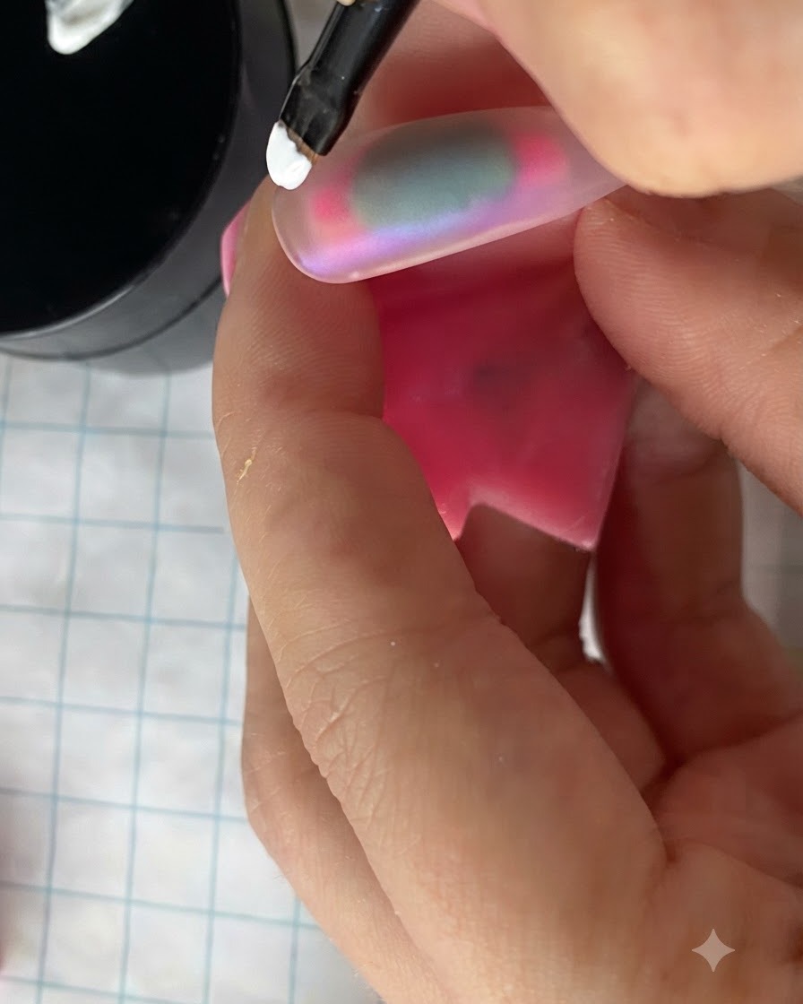 Eine Hand, die einen rosa Nagelständer mit einer beschichteten Nagelspitze in einer Aushärtungslampe hält.
