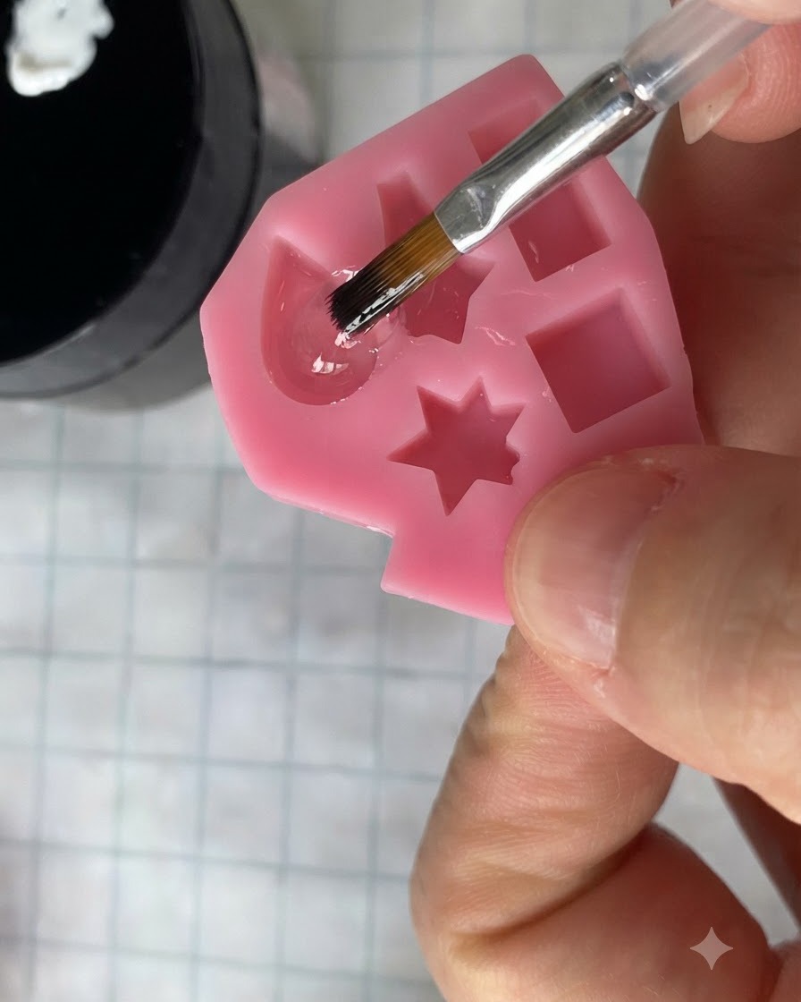 Ein feiner Pinsel taucht in eine Flasche, um matten Überzugslack über eine geformte Basis aufzutragen.