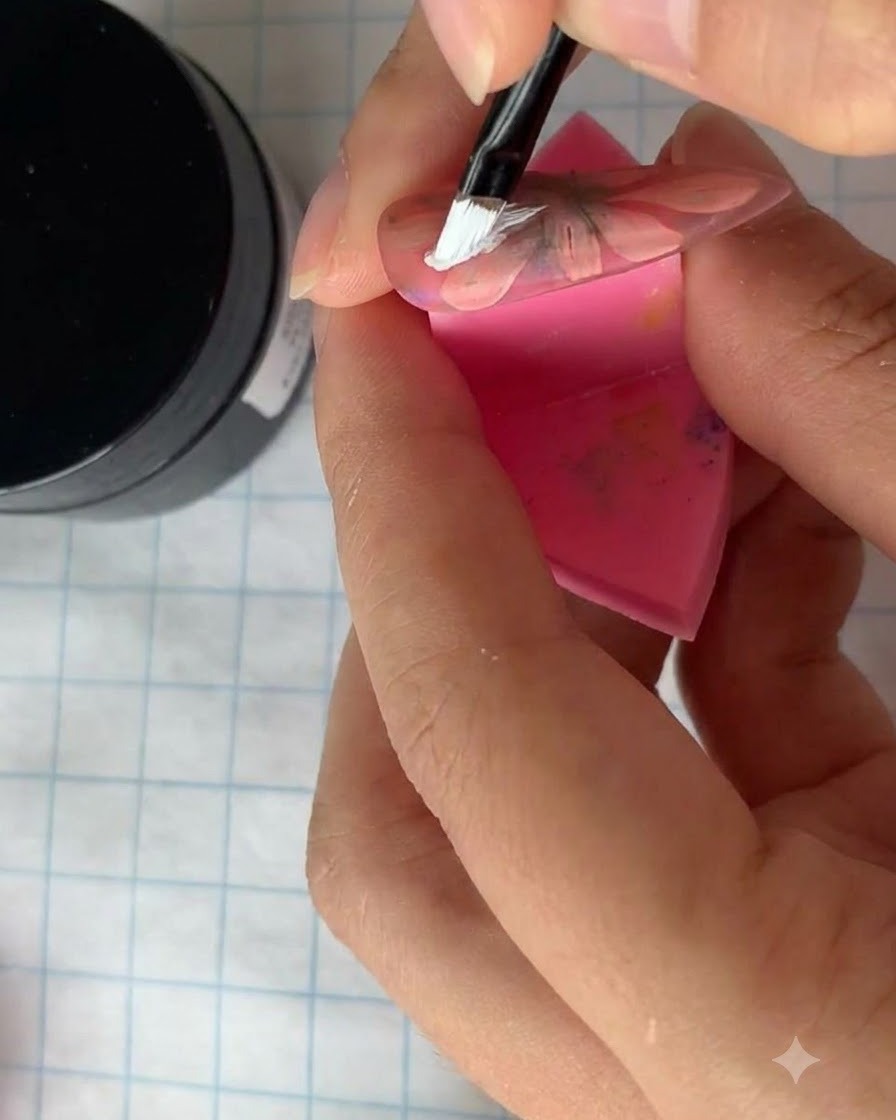 Ein feiner Liner-Pinsel bemalt sorgfältig kleinere weiße Blütenblätter zwischen den vorhandenen Blumenblütenblättern auf einem Nagel.
