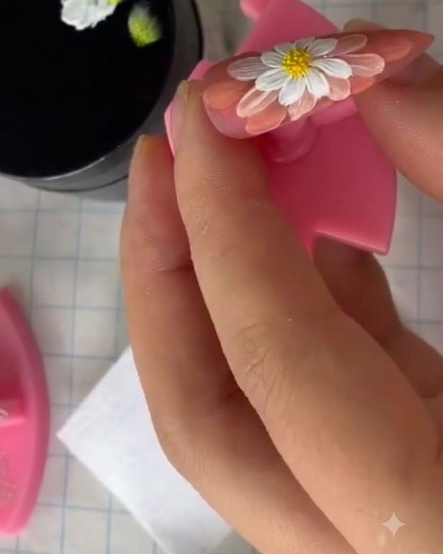 Eine Hand hält einen dekorierten Nagel während des Aushärtungsprozesses in die Nähe einer UV-Lampe.