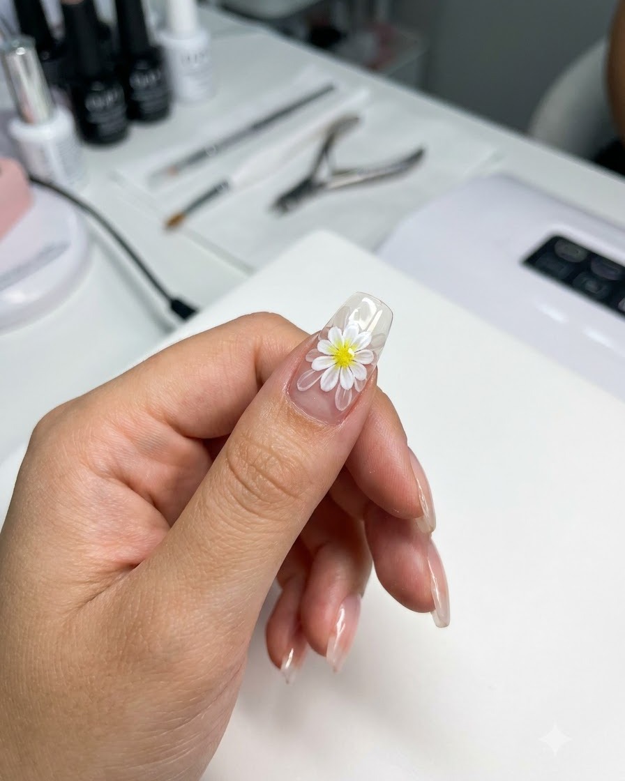 Ein Nagelpinsel verteilt transluzente rosa Farbe über dem doppelschichtigen Gänseblümchen-Nageldesign.