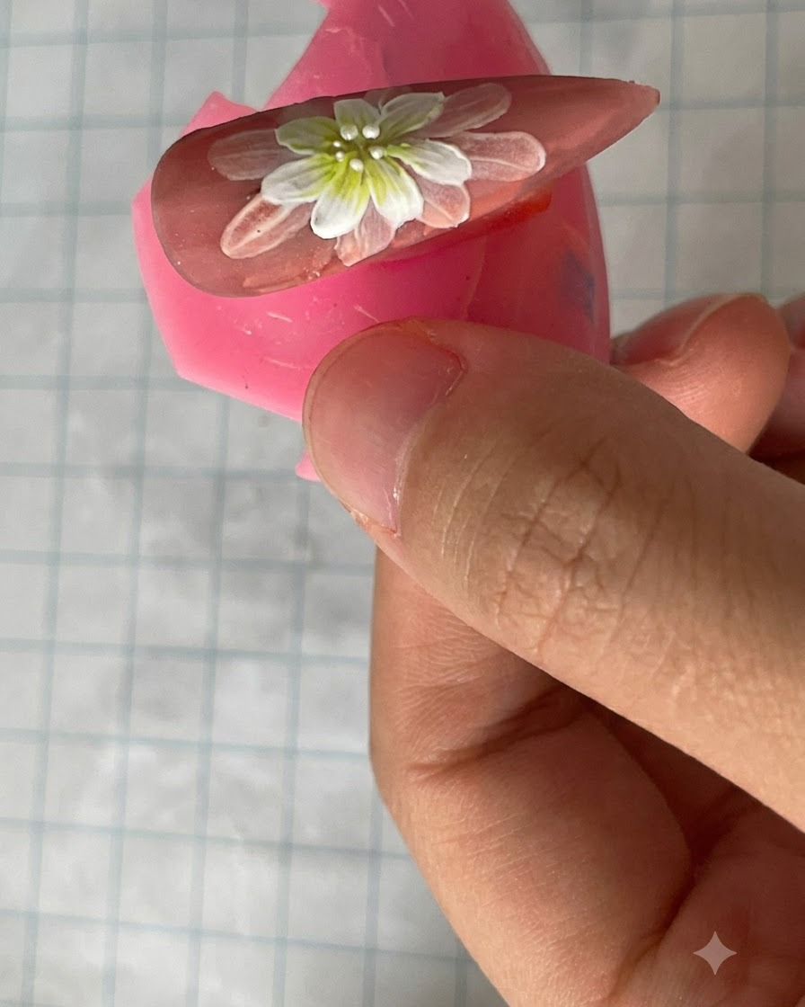 Ein Pinsel trägt einen matten Überzugslack über das fertige doppelschichtige Gänseblümchen-Nageldesign auf.