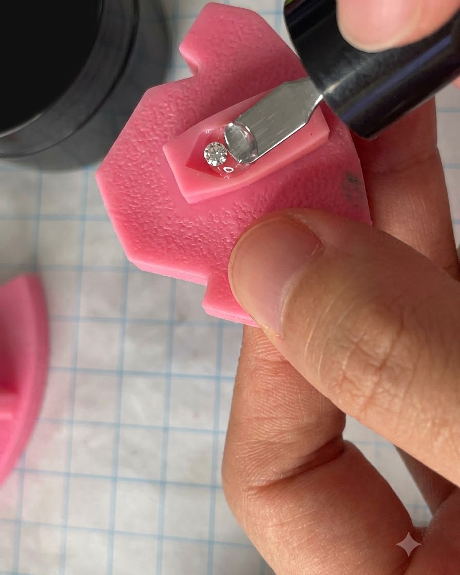 Eine Hand platziert ein rosa Nagelmodel zum Aushärten unter eine UV-Lampe.