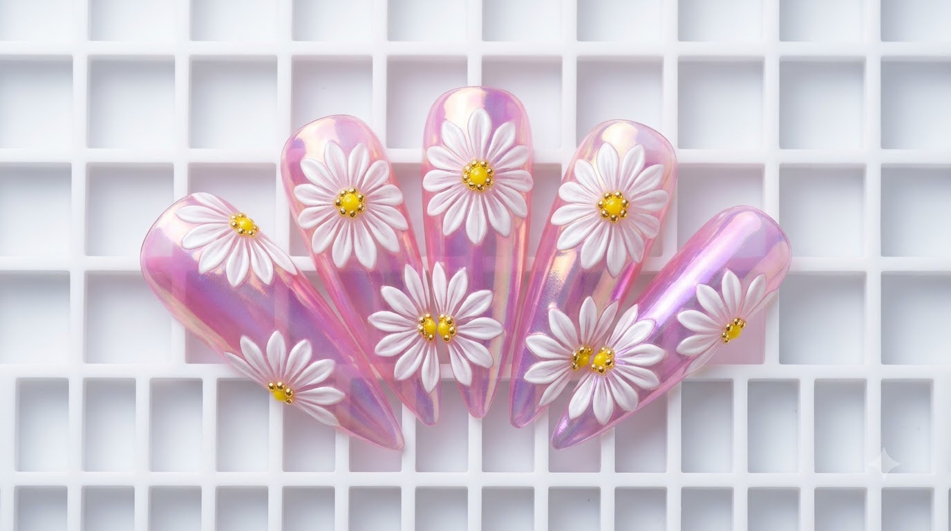 Eine Präsentation von fünf fertigen Stiletto-Fingernägeln, die doppelschichtiges Gänseblümchen-Nageldesign mit Aurora-, Chrome- und rosa Farbverlaufselementen zeigen.