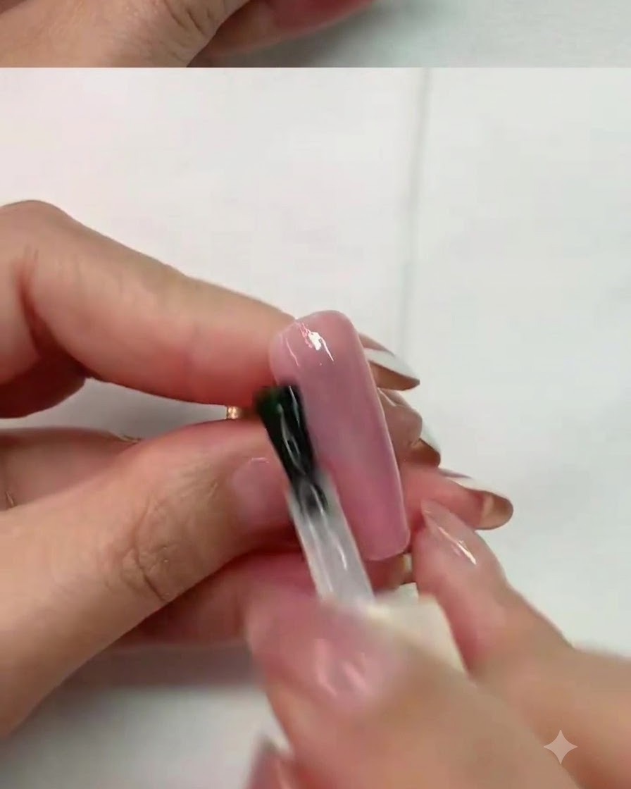 Eine Nagellampe beim Aushärten eines pinken Nagels mit aufgetragenem Topcoat.
