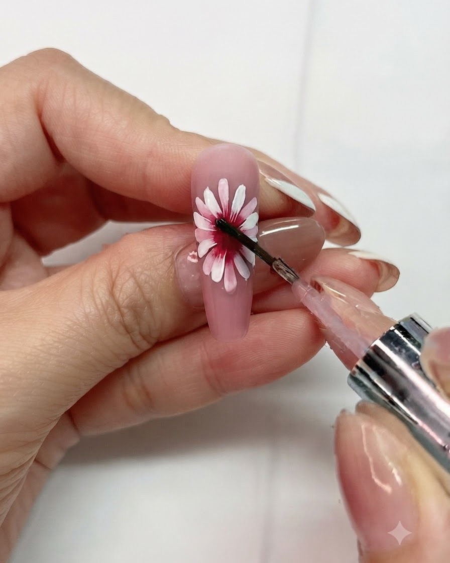 Detaillierte Aufnahme eines Pinsels, der Blooming-Flüssigkeit auf die Mitte des Gänseblümchen-Blumendesigns aufträgt.