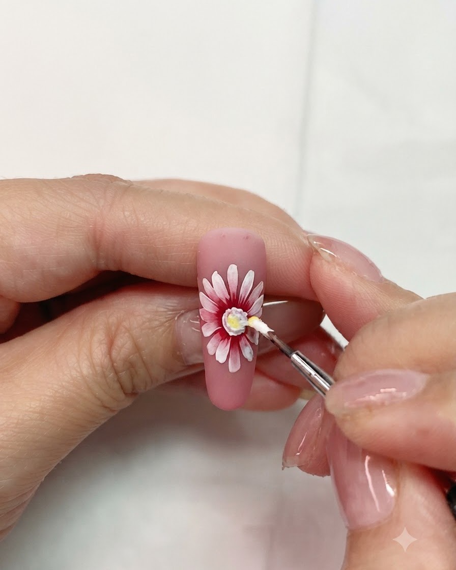 Ein kleiner Detailpinsel trägt gelbes Gel in das Zentrum einer pink-weißen, geschichteten Gänseblümchen-Nagelkunst auf.