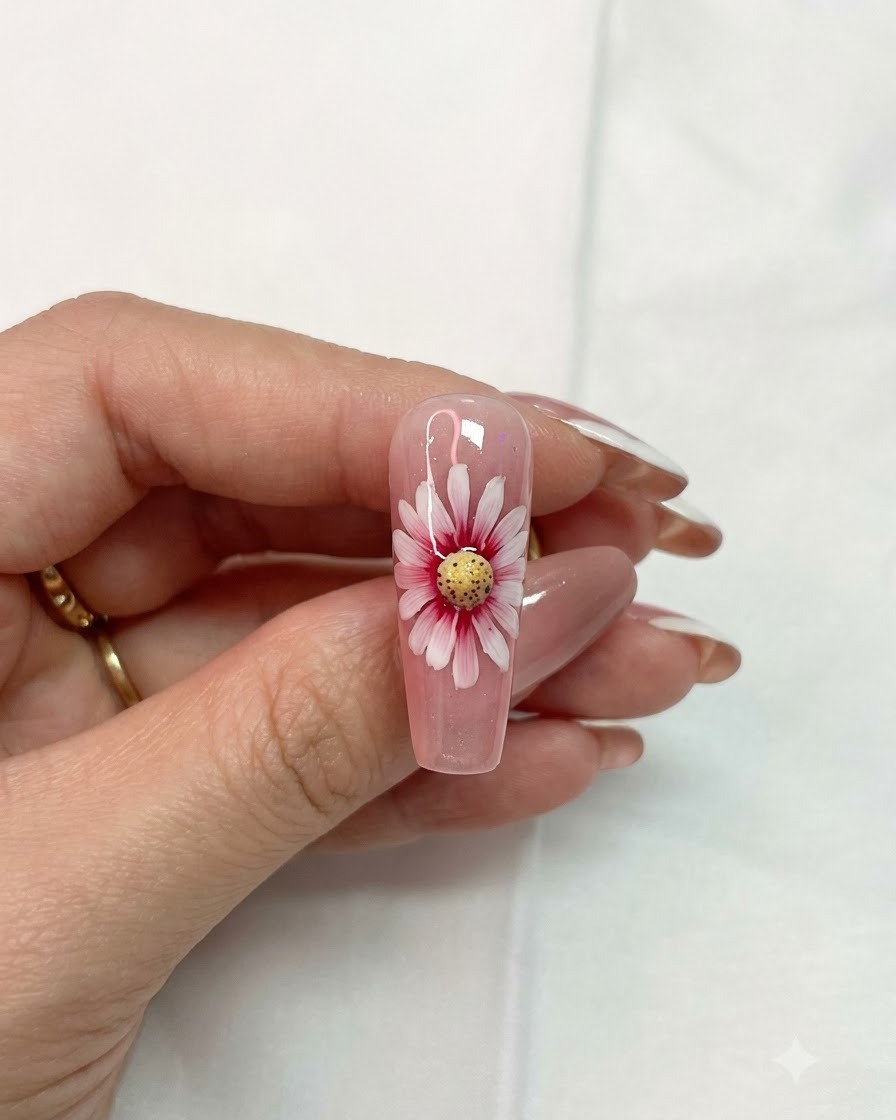 Nahaufnahme des Nagels, der nach dem Hinzufügen von Braunschattierungen zum Blumenzentrum unter einer Lampe aushärtet.