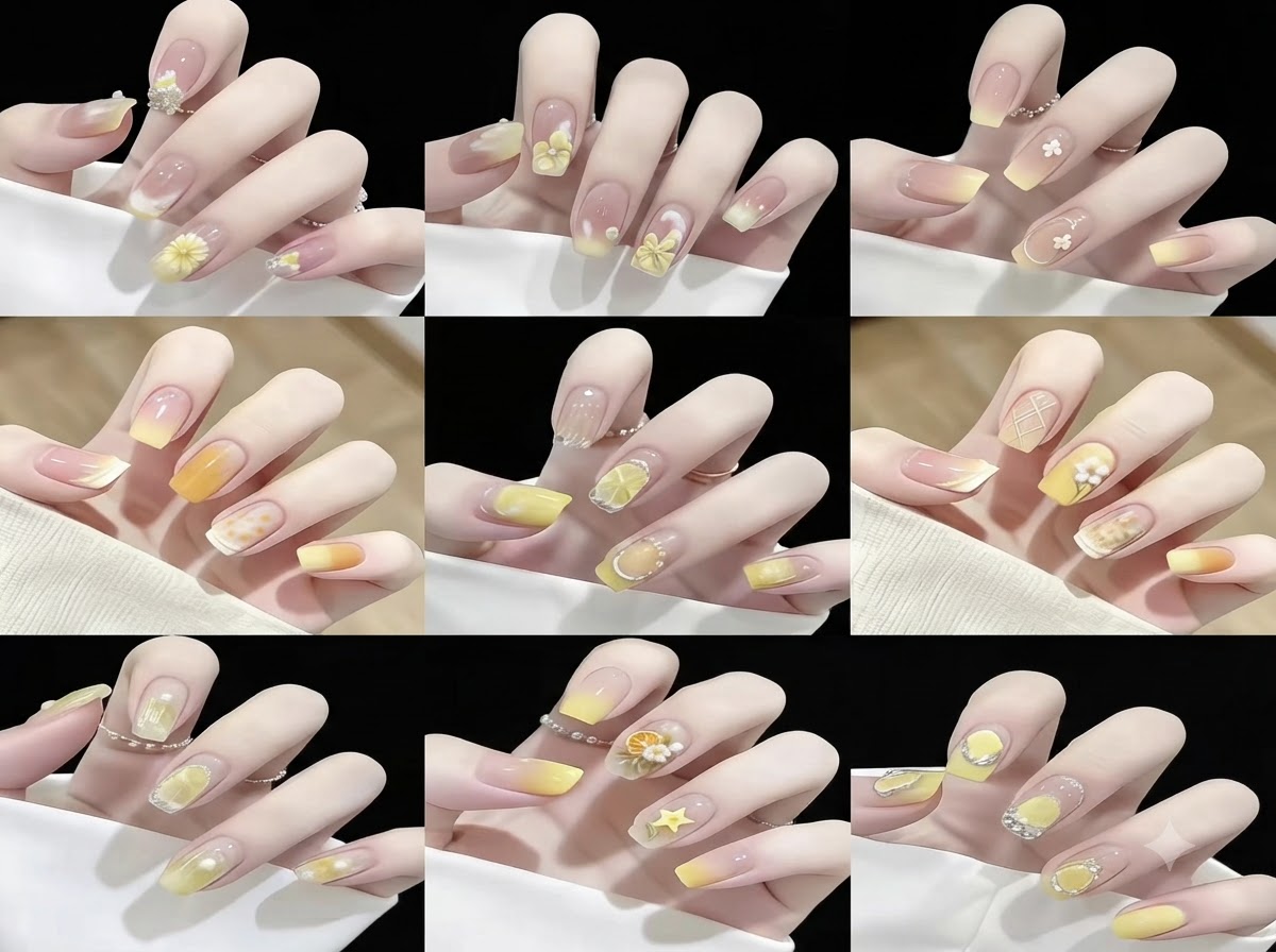 Eine Rasteransicht mit neun verschiedenen Stilen von gelben Farbverlaufs- und Blumen-Nageldesigns auf künstlichen Nagelspitzen.