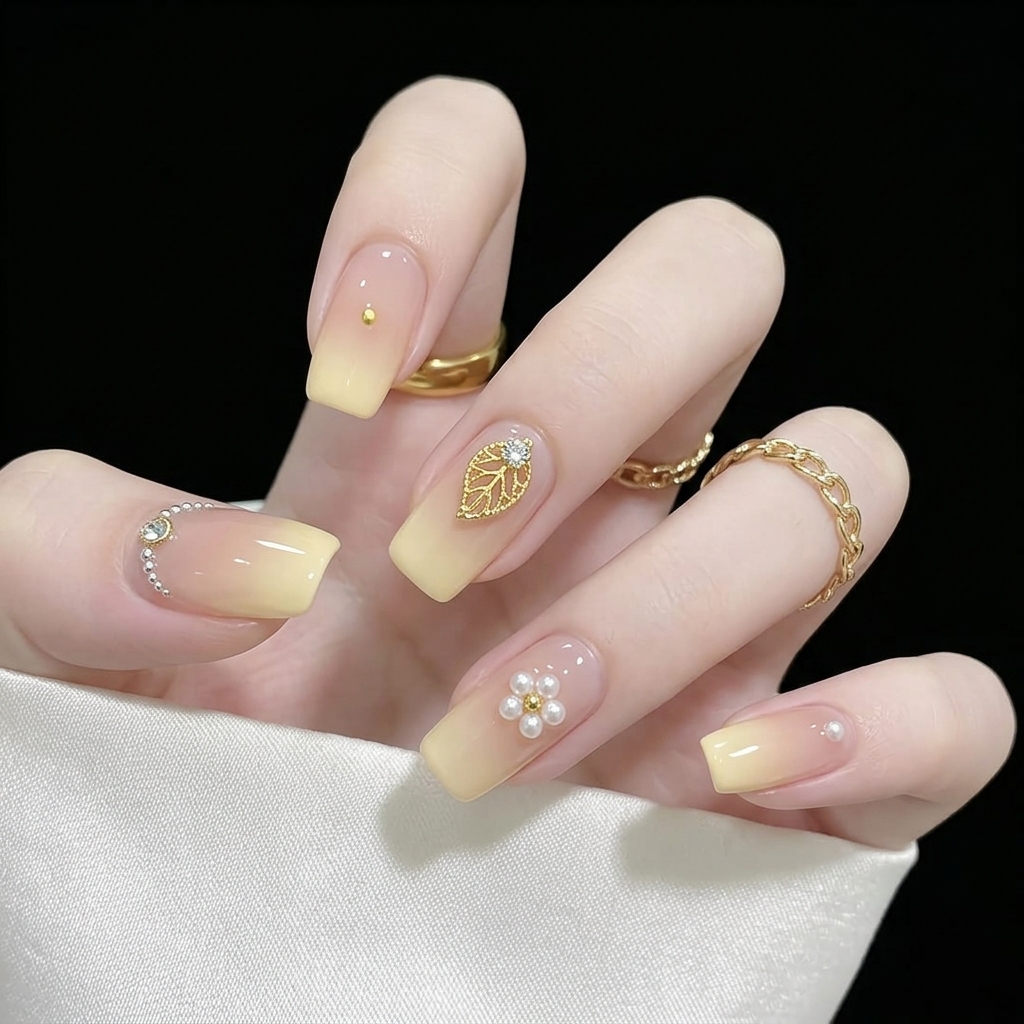 Detaillierte Aufnahme von weichen gelben Ombre-Nägeln, verziert mit filigranen weißen Gänseblümchen und feinem Glitzer.