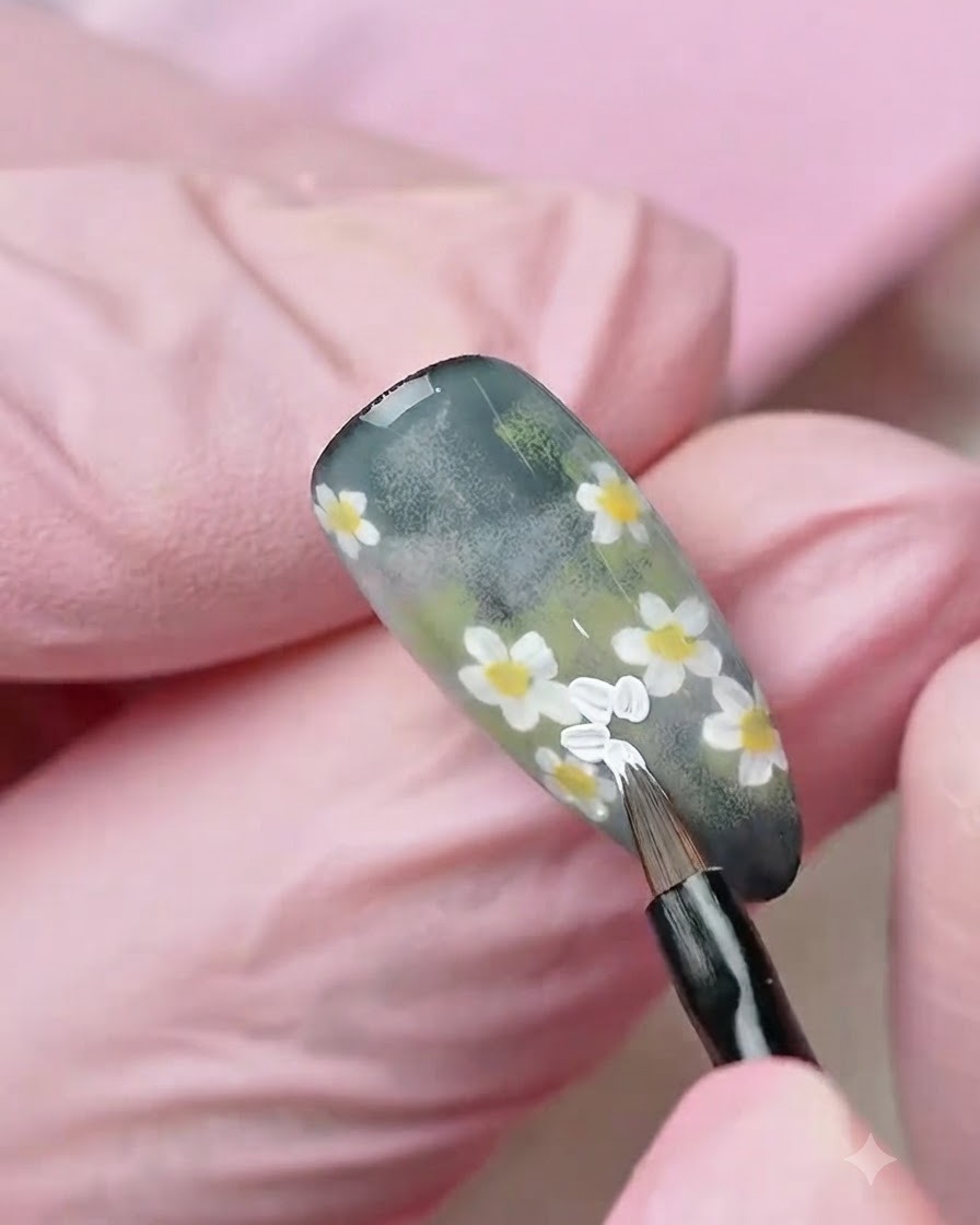 Nahaufnahme einer handschuhtragenden Hand, die mit einem feinen Liner-Pinsel weiße Blütenblätter auf eine texturierte grüne Nageloberfläche malt.