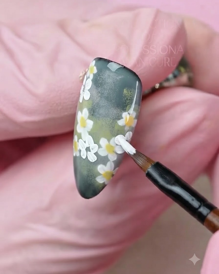 Ein Detailpinsel trägt sorgfältig leuchtend gelbe Punkte auf die Mitte weiß gemalter Gänseblümchenblüten auf einem Nagel auf.