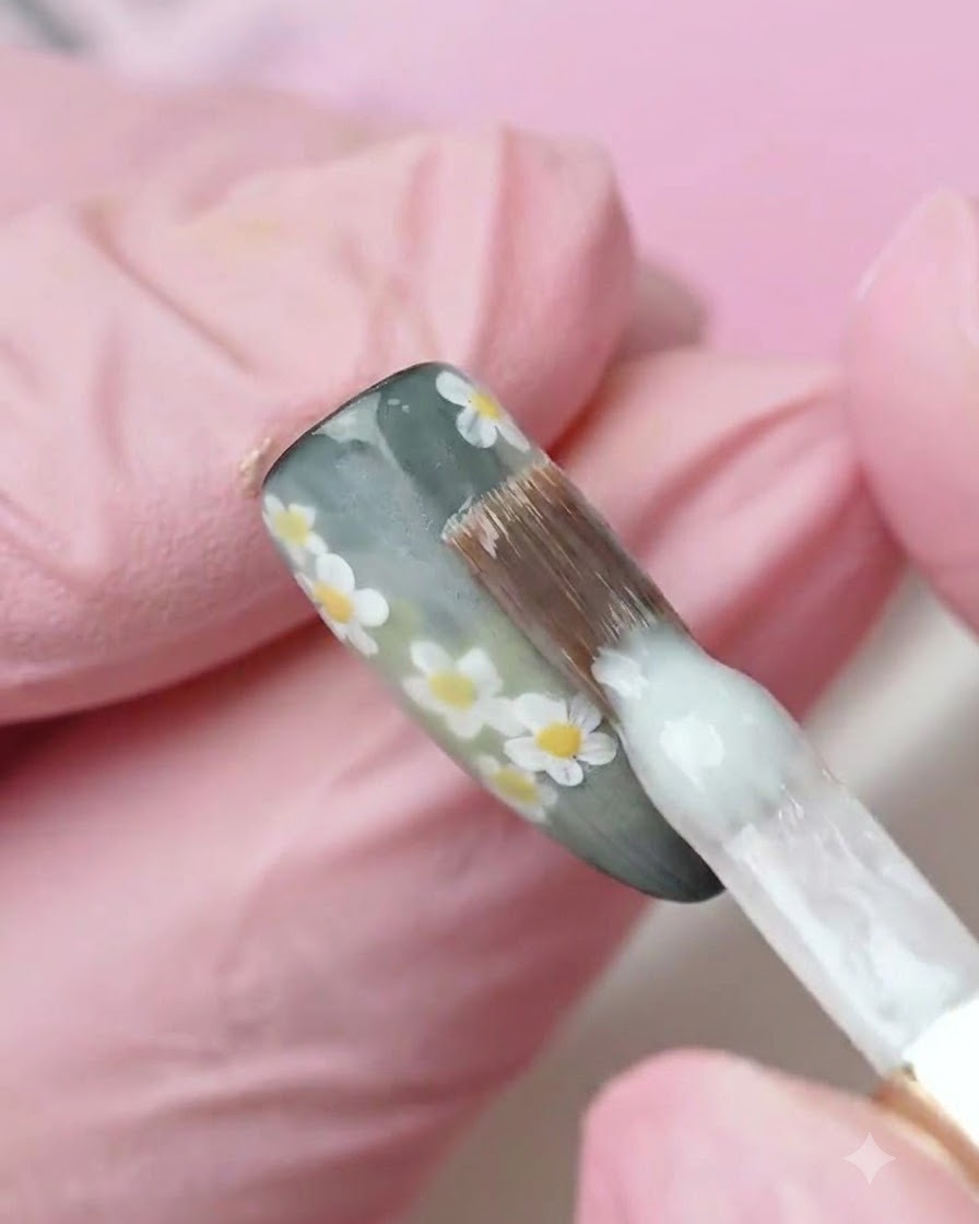 Ein Pinsel trägt eine Schicht milchig-weißes Gel-Nagellack über eine dekorierte Nageloberfläche auf.
