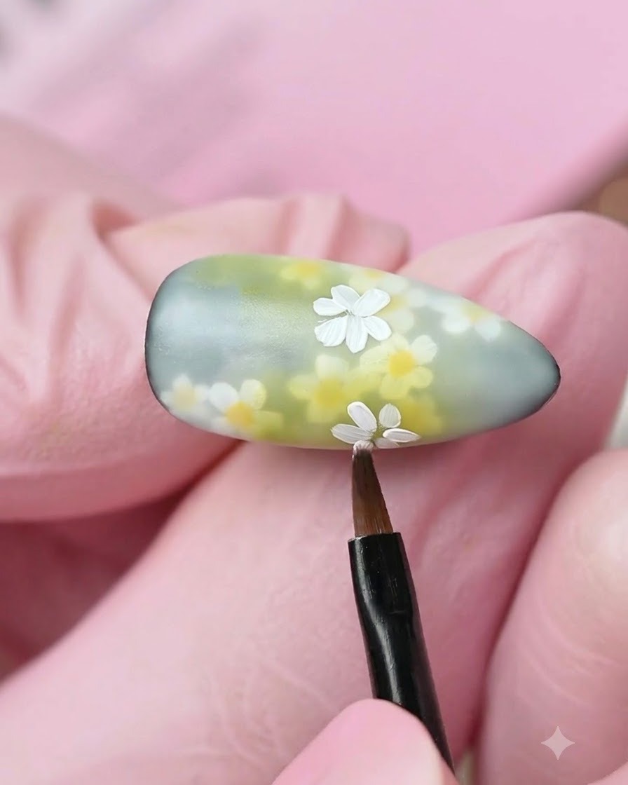 Ein feiner Liner-Pinsel fügt einem Gänseblümchen auf einem mehrfarbigen Nagel letzte weiße Blütenblatt-Details hinzu.