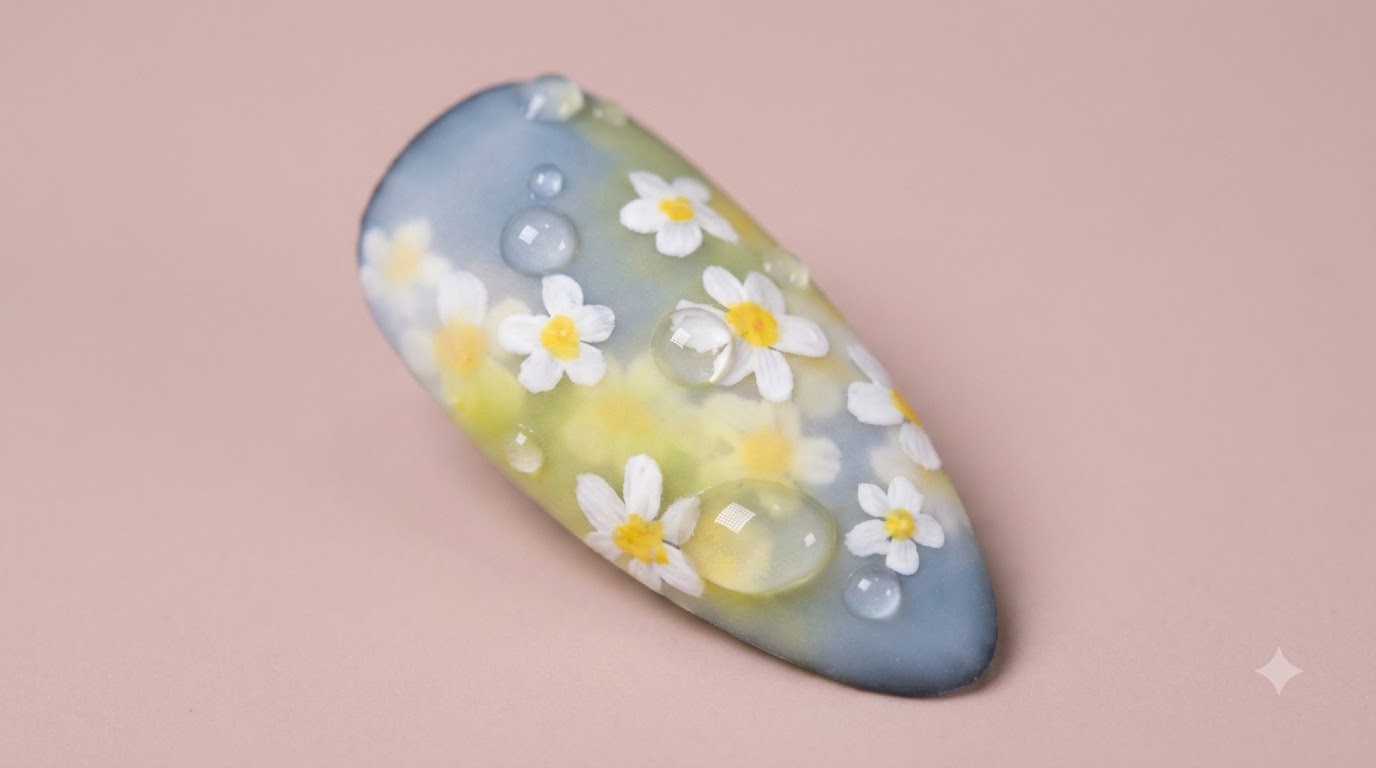 Nahaufnahme im Makro-Stil eines mandelförmigen Nagels mit sanftem Farbverlauf, aufgemalten weißen Gänseblümchen und 3D-Wassertropfen im Matt-Finish.