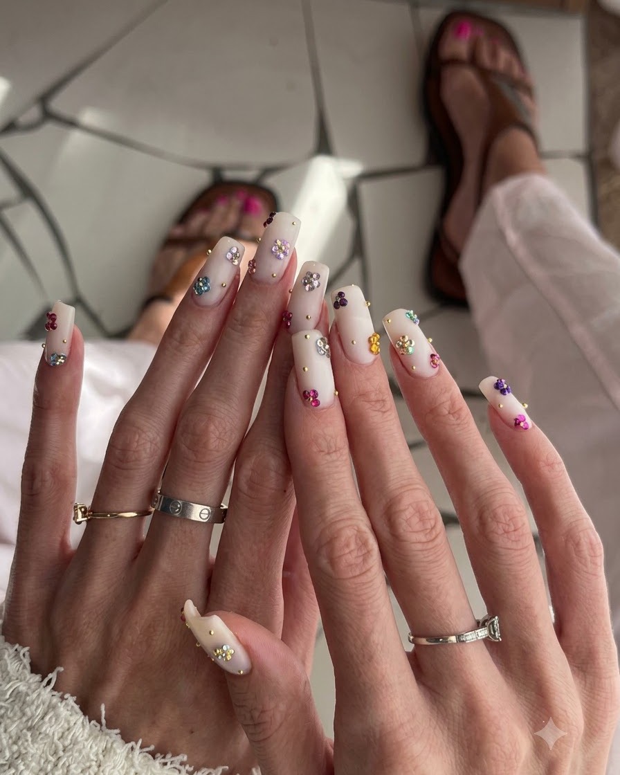 Nahaufnahme der Finger der rechten Hand mit mehrfarbigen Blumen-Nail-Art-Details und silbernen Stapelringen.
