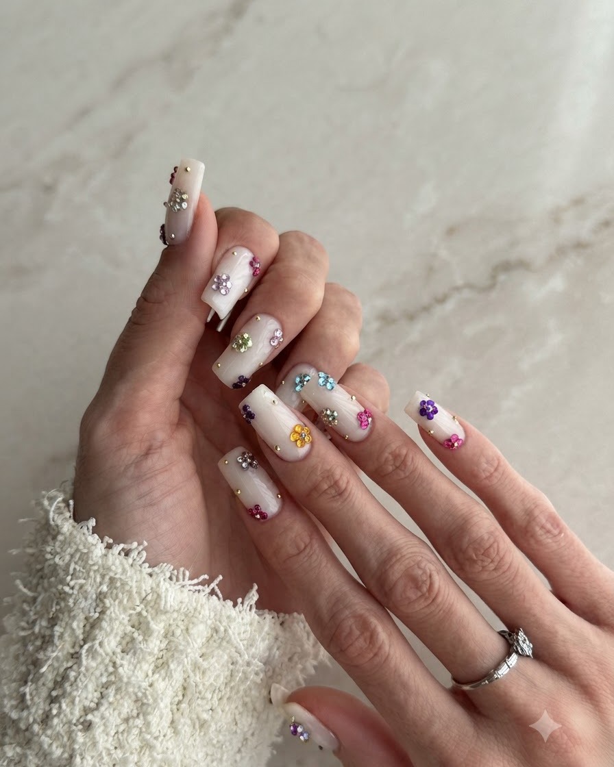 Nahaufnahme von Daumen und Zeigefinger mit Fokus auf zarte Gänseblümchen-Platzierungen nahe den Nagelhautbereichen.