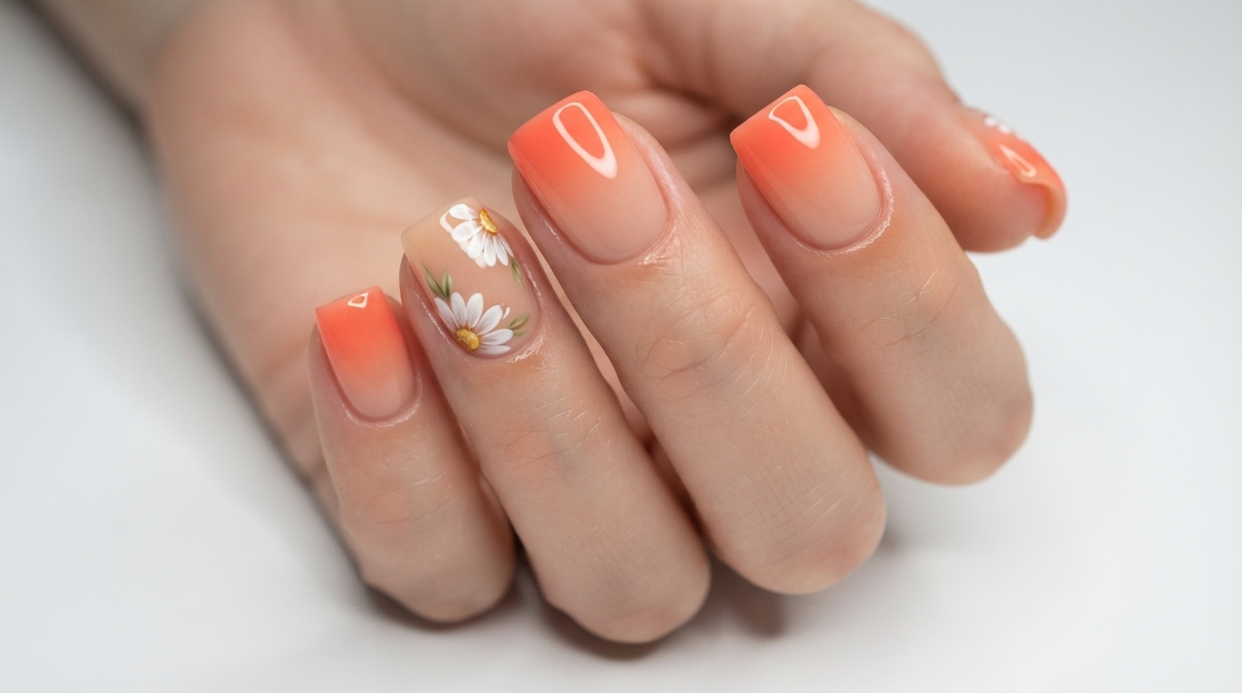 Zweifarbige Ombré-Nägel mit Gänseblümchen — Schritt-für-Schritt-Anleitung