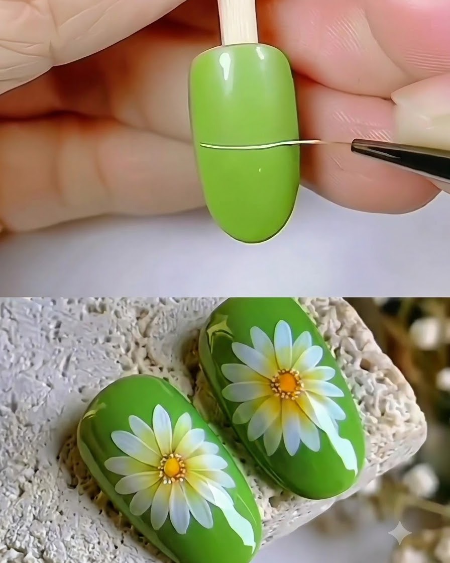Ein feiner Liner-Pinsel zieht eine dünne, zarte horizontale Linie über einen mit grünem Gel beschichteten Nagel.