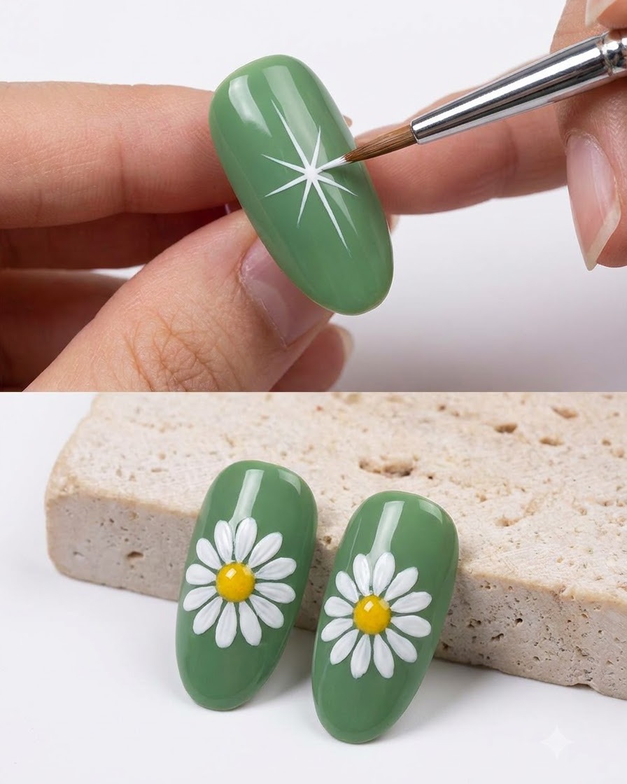 Ein Nagelpinsel fügt zusätzliche, überlappende weiße Blütenblätter hinzu, um die Fülle eines gemalten Gänseblümchens zu verstärken.