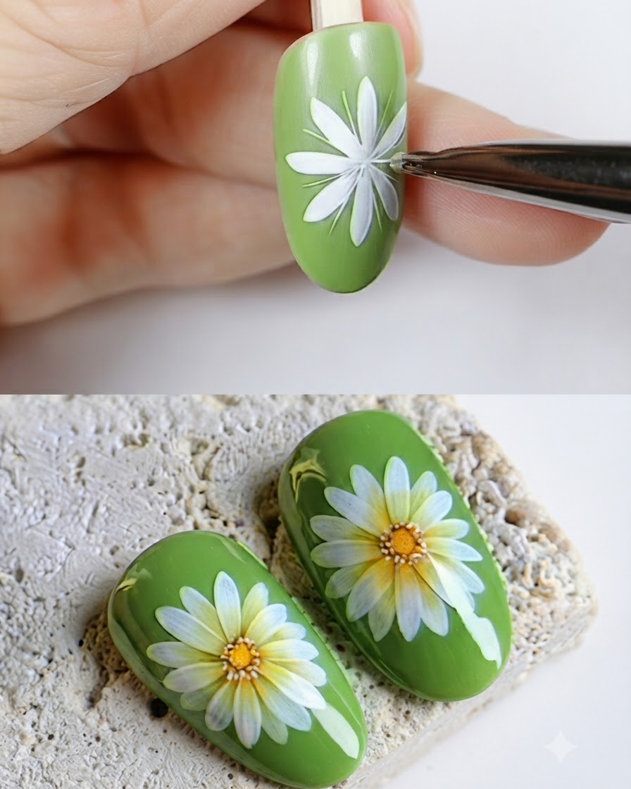 Ein offener Behälter mit gelbem Gangel neben einem grünen Nagel mit einer aufgemalten Gänseblümchenblüte.