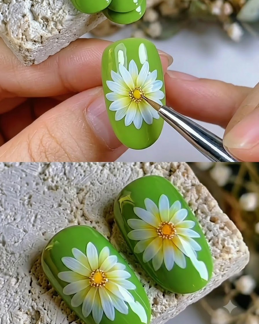 Ein feiner Pinsel trägt die letzte versiegelnde Klarschicht über ein fertiges Gänseblümchen-Nageldesign auf.
