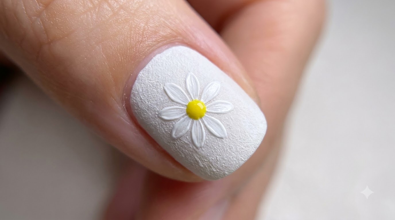 Strukturiertes Weißes Gänseblümchen Nageldesign — Schritt-für-Schritt-Anleitung für Anfänger
