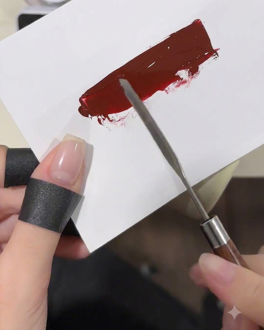 Ein Make-up-Schwamm tupft in eine glatte Schicht weinroten Gels auf einer weißen Palette.
