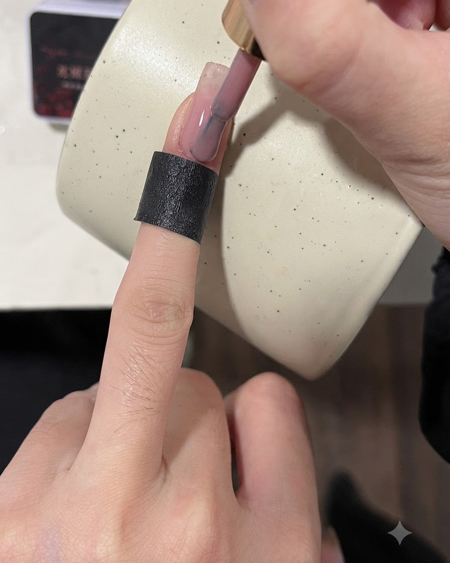 Ein Pinsel trägt einen Nude-Base-Coat auf die Oberfläche eines künstlichen Nagelchips auf.