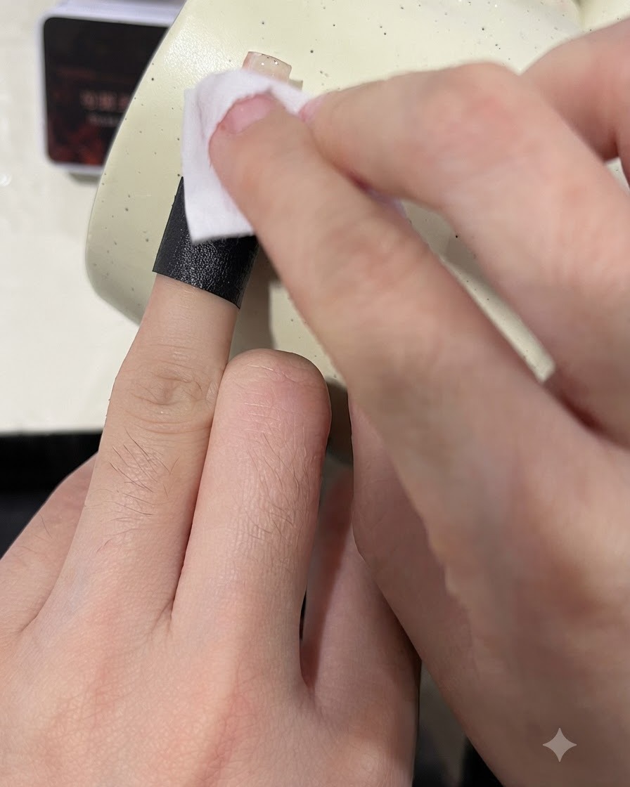 Ein Wattepad wischt die Oberfläche eines ausgehärteten Nagels ab, um die klebrige Schwitzschicht zu entfernen.