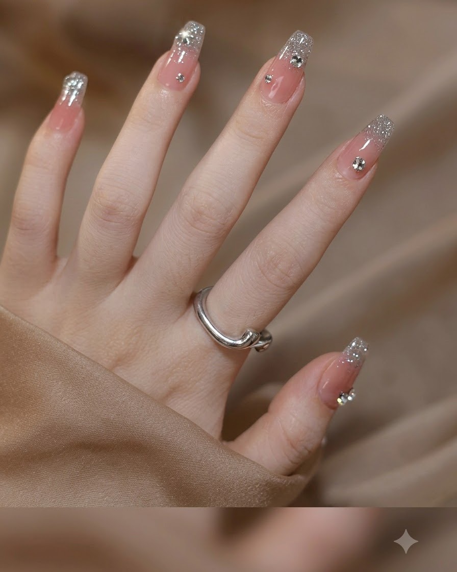 Nahaufnahme einer Hand mit eckigen Gelnägeln, die eine durchscheinende Nude-Basis und feine silberne Glitzerspitzen zeigen.