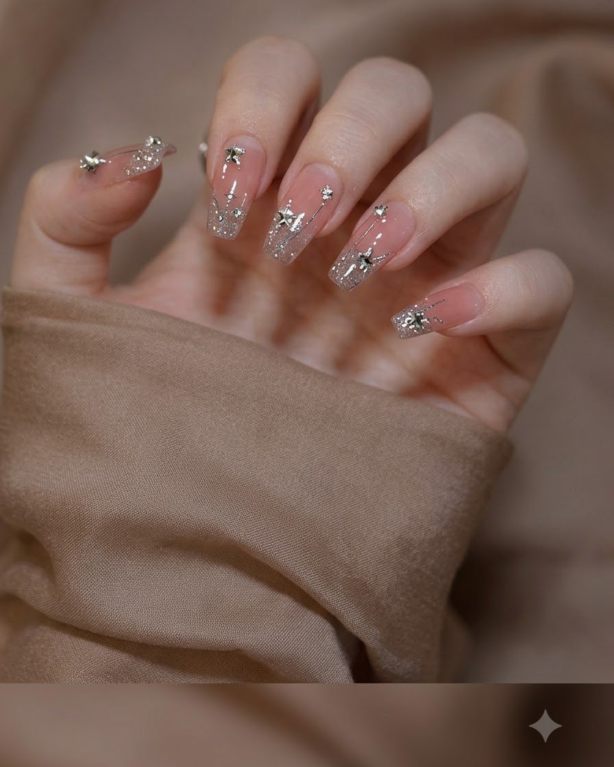 Eine Nahaufnahme von Fingernägeln, die über einem Glitzerverlauf mit verstreuten silbernen Stern-Charms und winzigen Kristallen verziert sind.