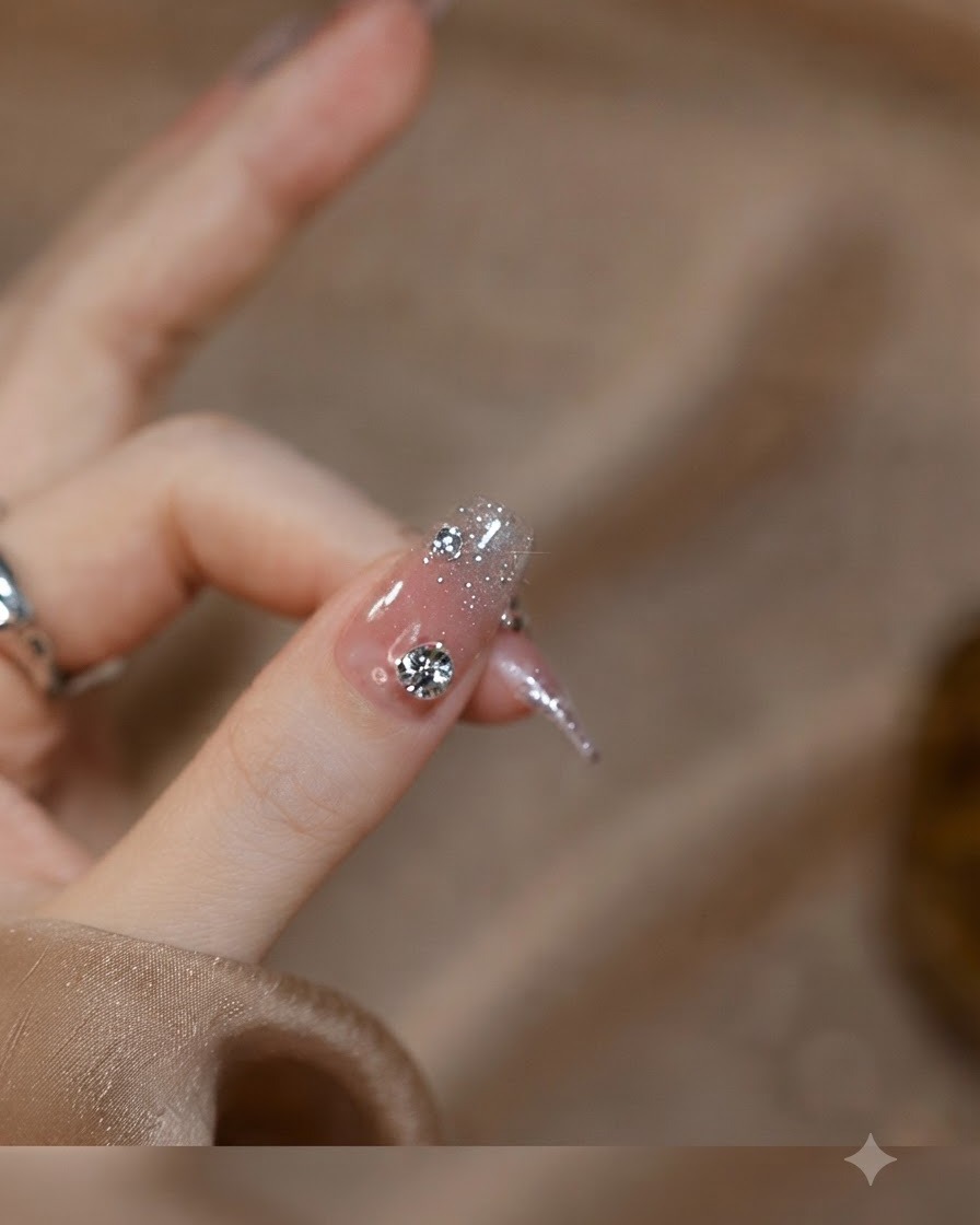Makroaufnahme eines Daumennagels mit einem großen, zentralen Strassstein, begleitet von Mikro-Kristallen auf einer glitzernden Ombré-Basis.