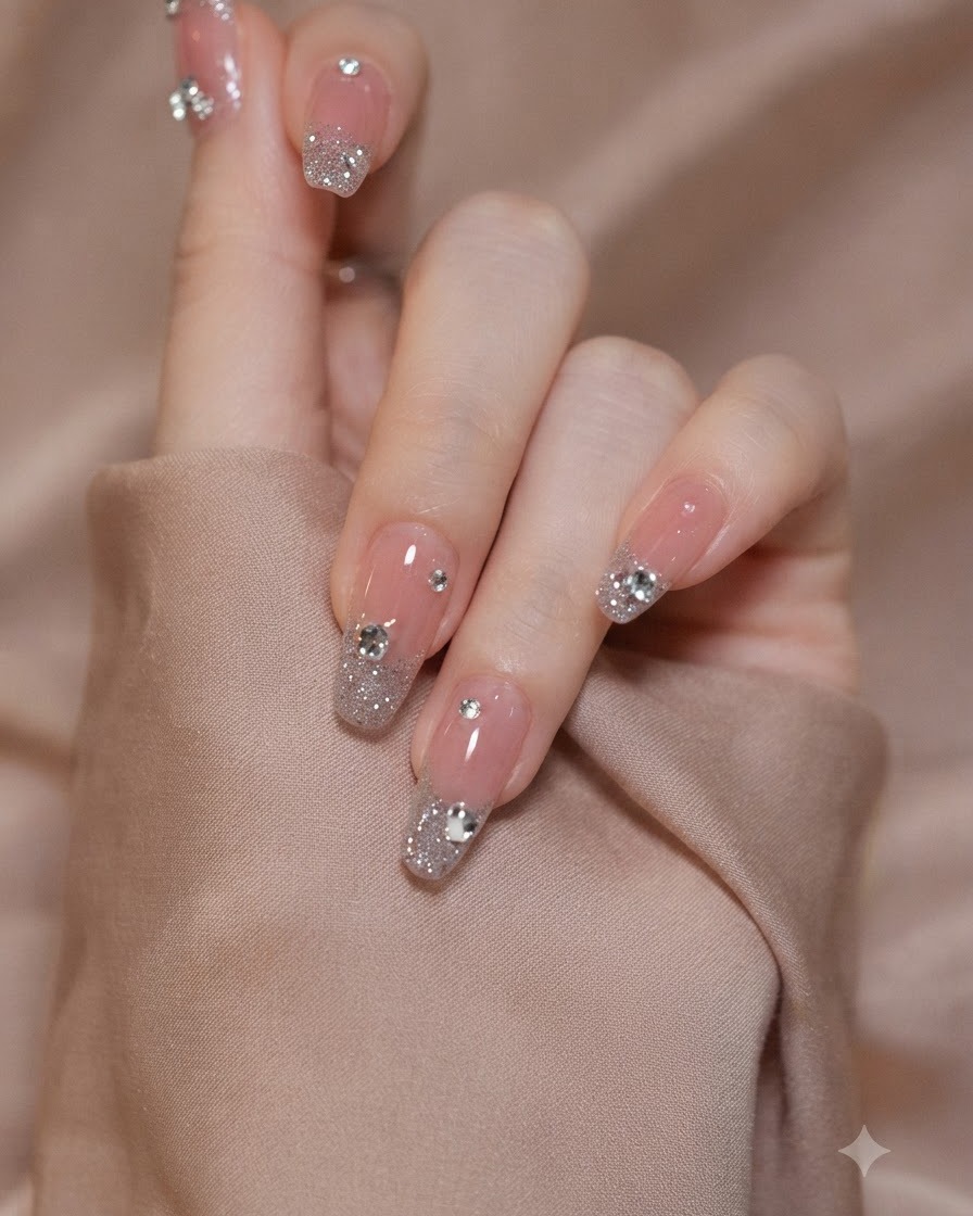 Eine Hand in einer sanften, eleganten Pose vor einem neutralen beigen Stoffhintergrund, die das detaillierte Nageldesign zeigt.