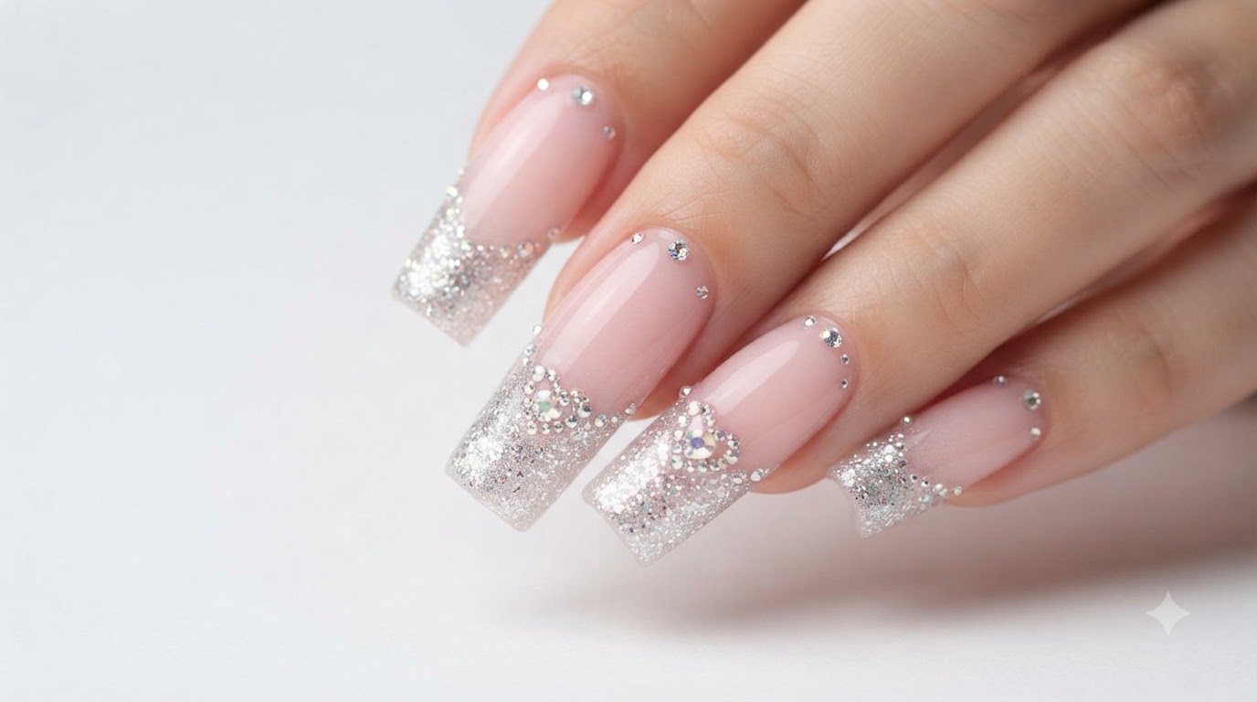 Funkelnde Blush-Ombré-Gelnägel mit Strassverzierungen